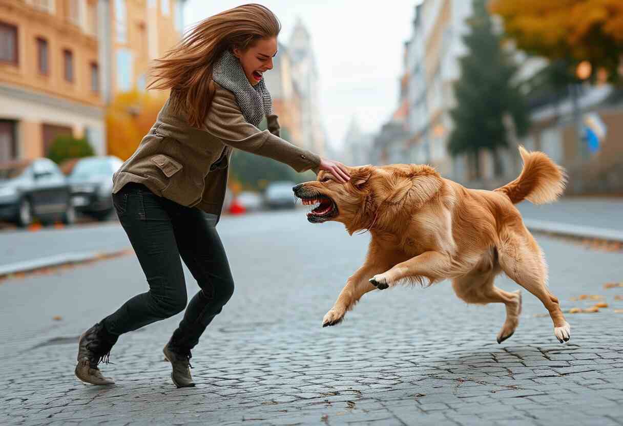 a lady being attacked by a dog while walking in a street